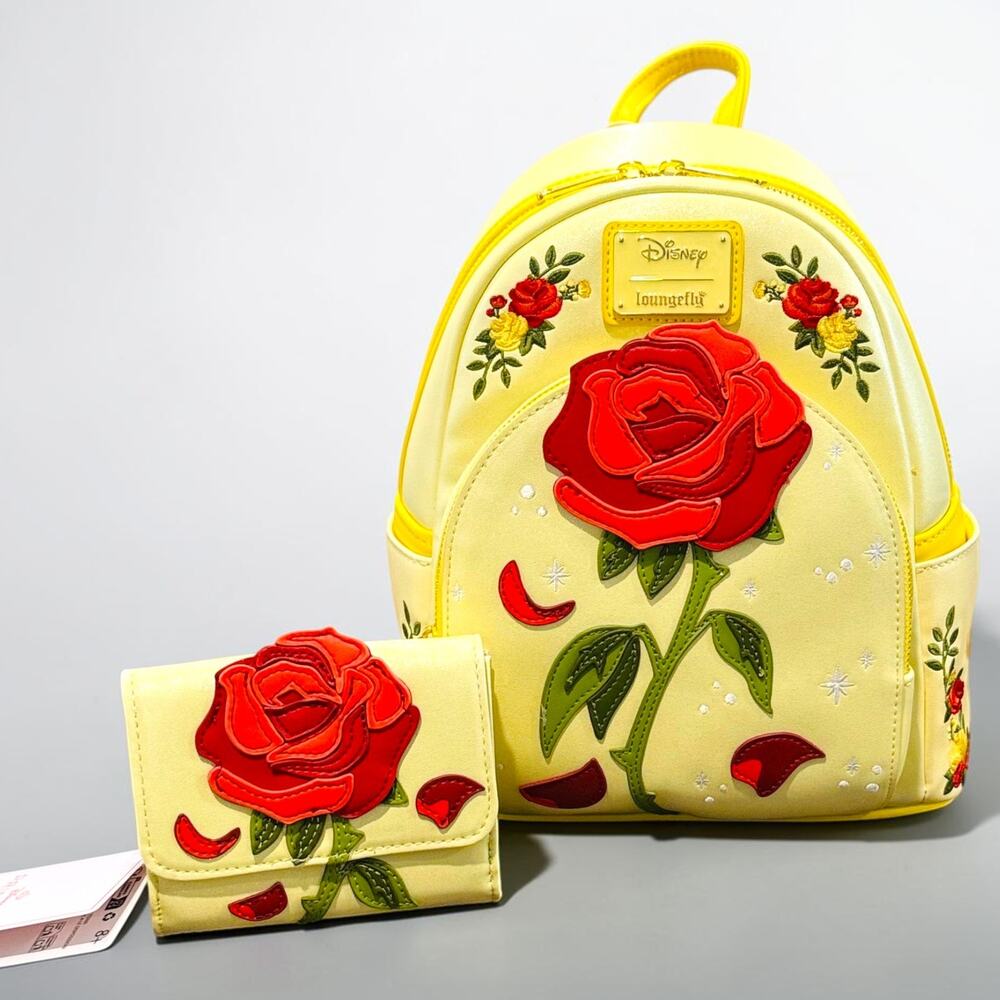 Loungefly Disney Beauty and the Beast Enchanted Rose Shimmer Backpack Wallet Set